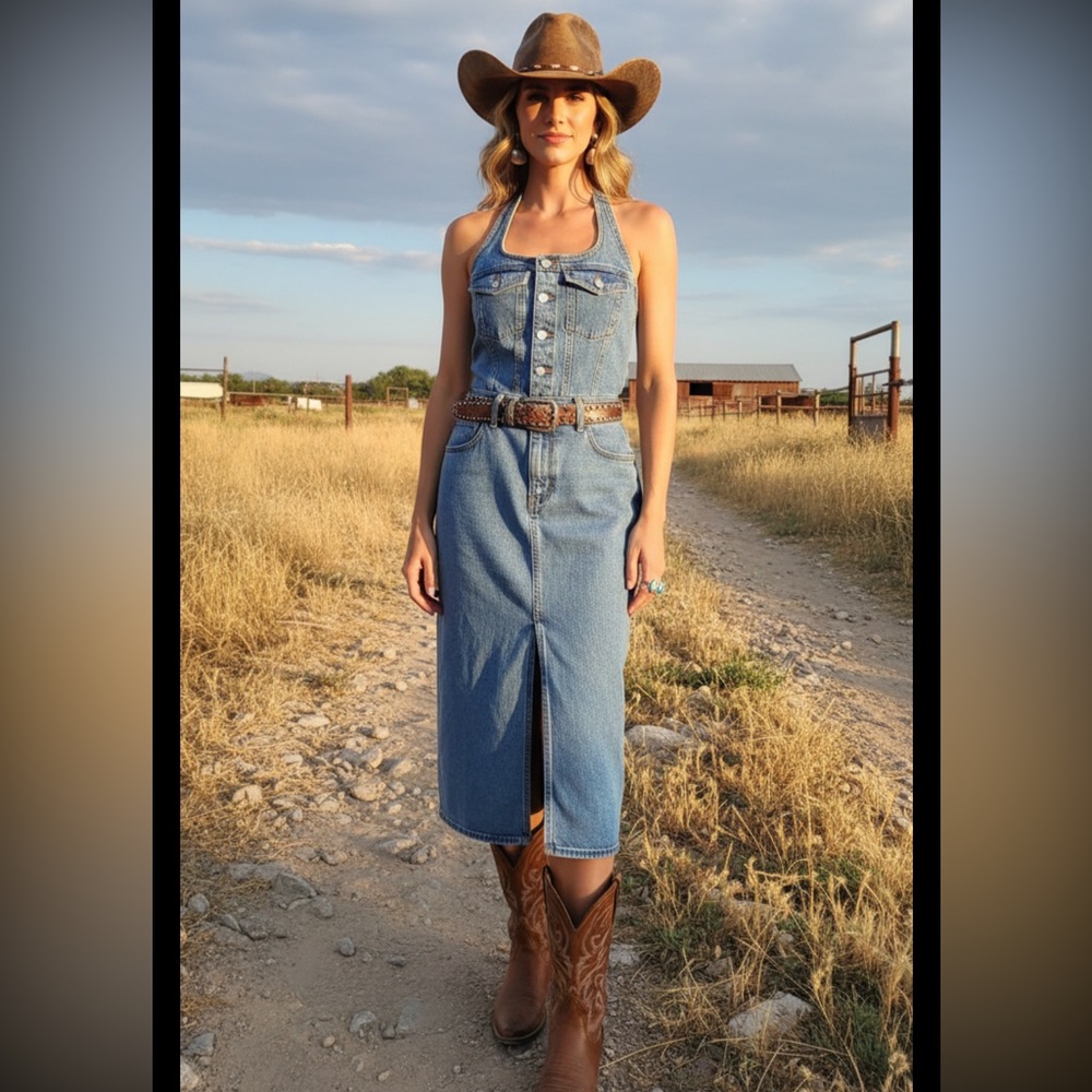 Universal Thread Denim Midi Halter Dress in Light Blue